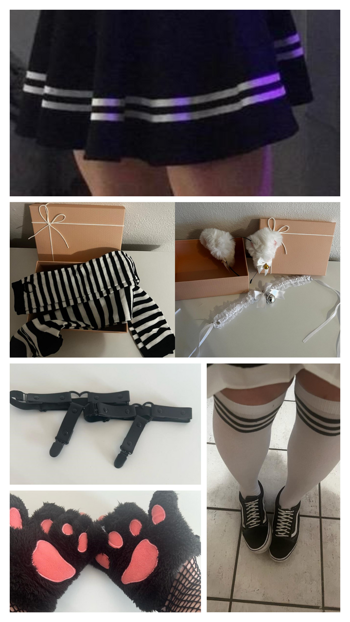 Femboy Starterkit Edition - Discover Your Style, Black Mini Skirt, Thigh High Socks, Fingerless Gloves, Cat Socks, Winter Gloves, Gift