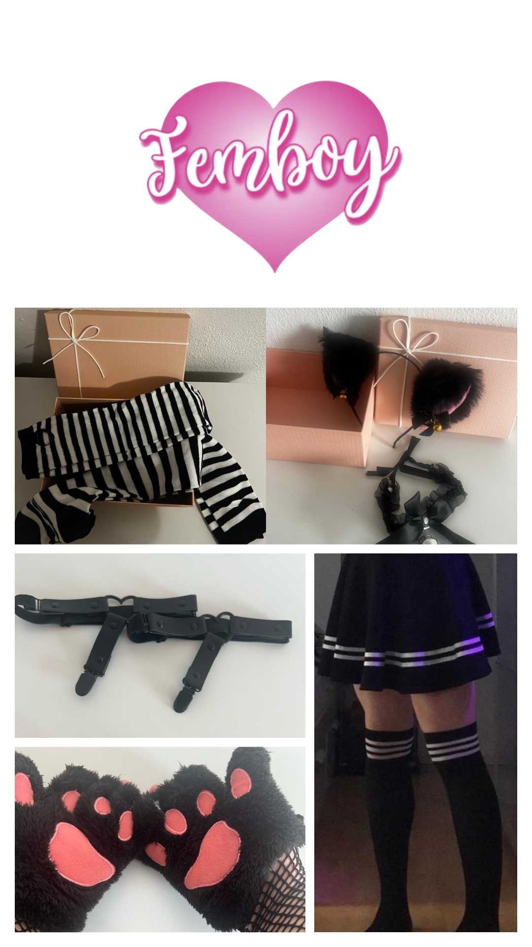 Femboy Starterkit Edition - Discover Your Style, Black Mini Skirt, Thigh High Socks, Fingerless Gloves, Cat Socks, Winter Gloves, Gift