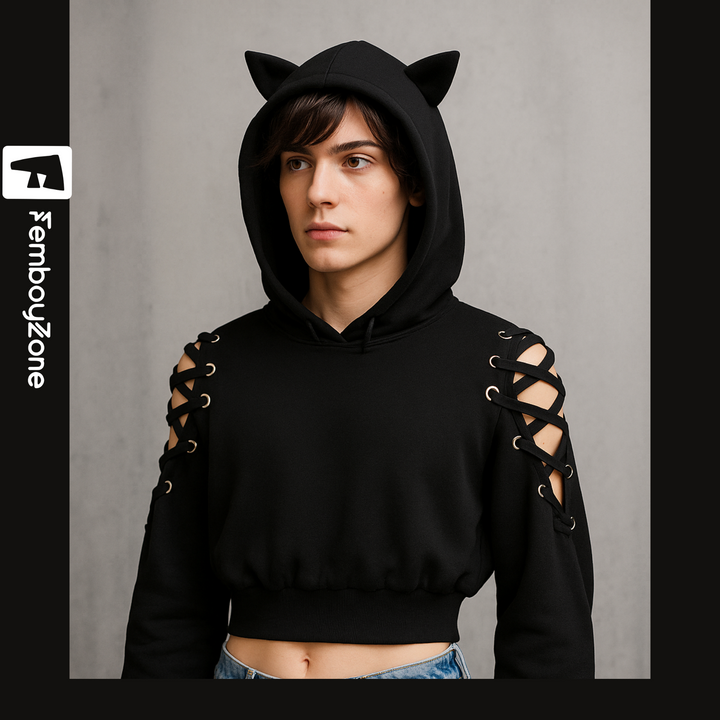 Neko-E-Boy Schnür-Hoodie mit Katzenohren – Niedlichkeit trifft auf düstere Vibes