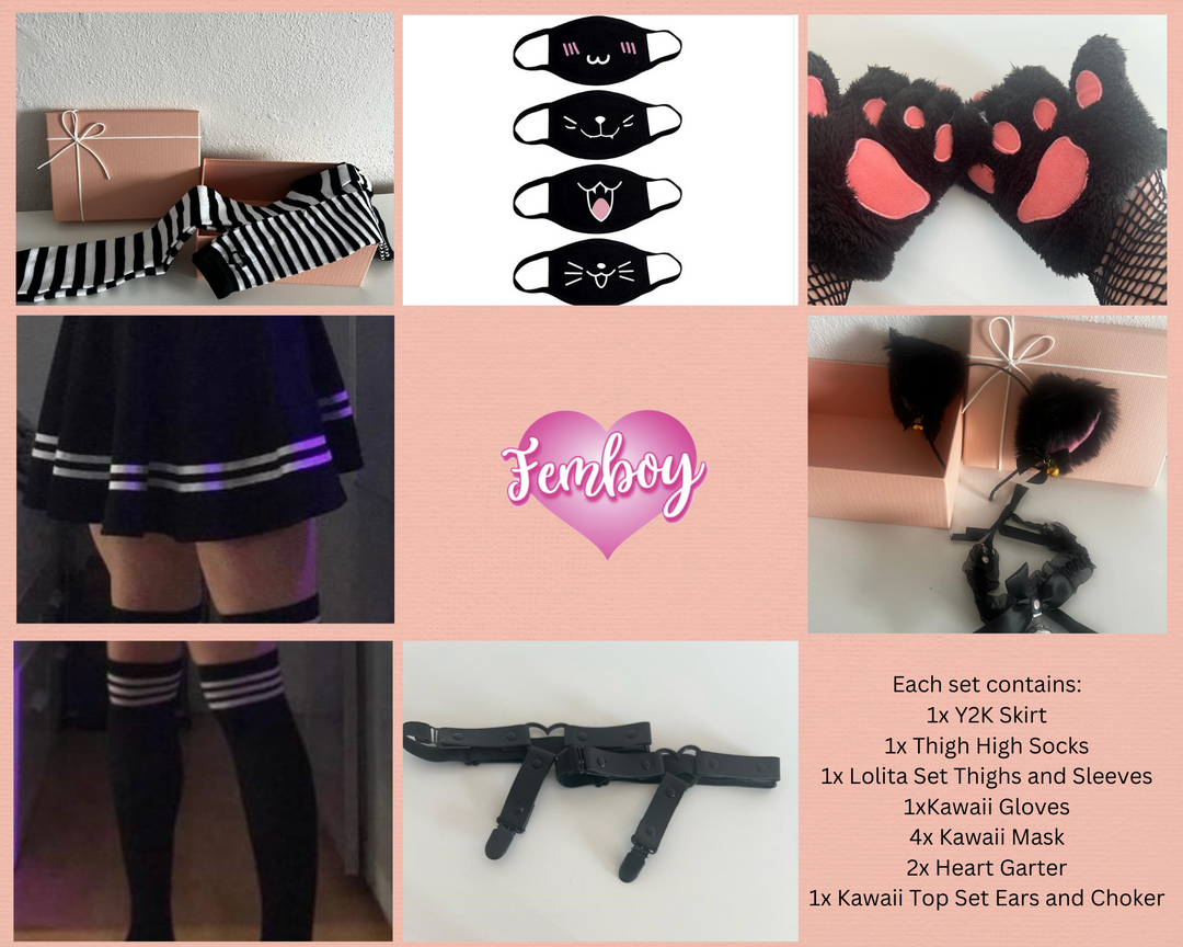 Femboy Starterkit Edition - Discover Your Style, Black Y2K Skirt, Thigh High Socks, Fingerless Gloves, Lolita Kit, Kawaii Gloves, Gift - Femboyzone