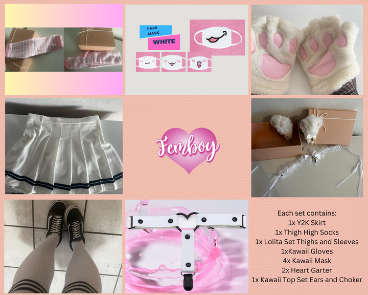 Femboy Starterkit Edition - Discover Your Style, Black Y2K Skirt, Thigh High Socks, Fingerless Gloves, Lolita Kit, Kawaii Gloves, Gift - Femboyzone