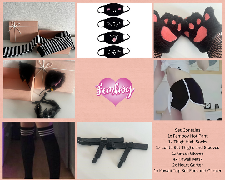 Femboy Starterkit Edition - Discover Your Style, Black Y2K Skirt, Thigh High Socks, Fingerless Gloves, Lolita Kit, Kawaii Gloves, Gift - Femboyzone
