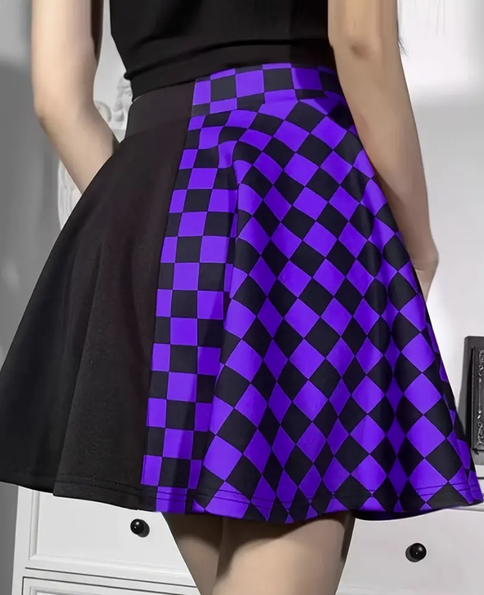 Checkerboard Print Goth Skirt, Flared Femboy Skirt, Emo Egirl Streetwear, Y2K Punk Skirt