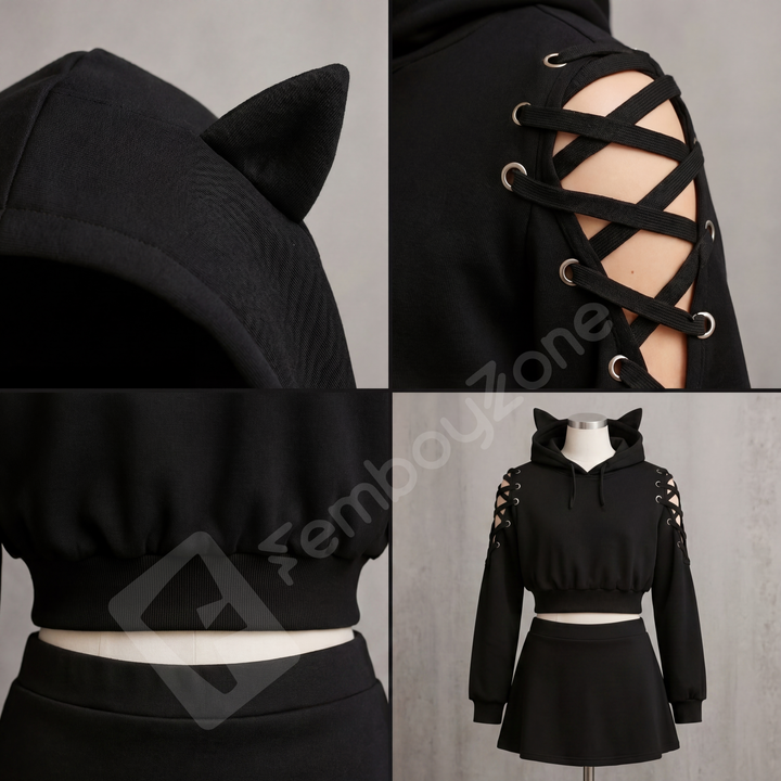 Neko-E-Boy Schnür-Hoodie mit Katzenohren – Niedlichkeit trifft auf düstere Vibes