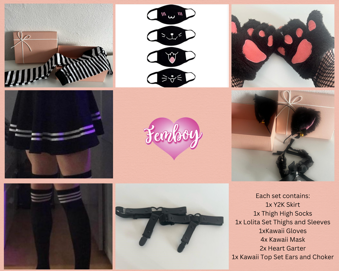 Femboy Starterkit Edition - Discover Your Style, Black Y2K Skirt, Thigh High Socks, Fingerless Gloves, Lolita Kit, Kawaii Gloves, Gift