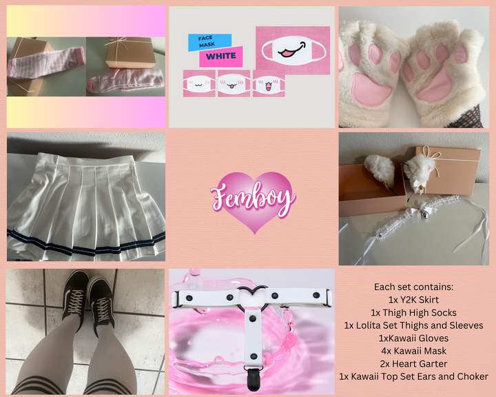 Femboy Starterkit Edition - Discover Your Style, Black Y2K Skirt, Thigh High Socks, Fingerless Gloves, Lolita Kit, Kawaii Gloves, Gift