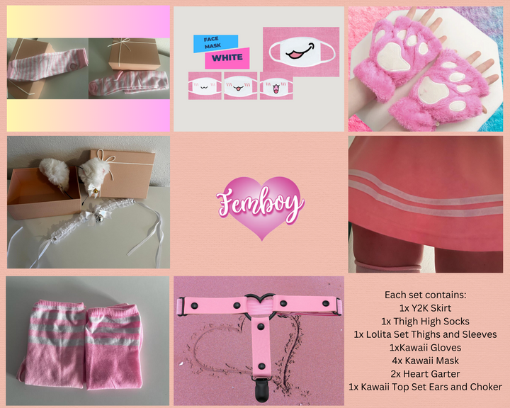 Femboy Starterkit Edition - Discover Your Style, Black Y2K Skirt, Thigh High Socks, Fingerless Gloves, Lolita Kit, Kawaii Gloves, Gift