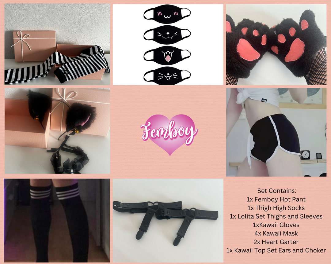 Femboy Starterkit Edition - Discover Your Style, Black Y2K Skirt, Thigh High Socks, Fingerless Gloves, Lolita Kit, Kawaii Gloves, Gift